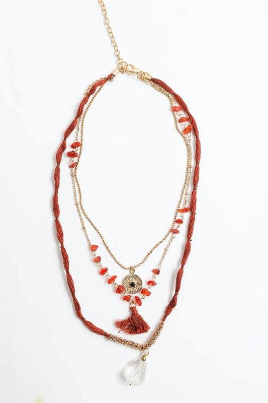 Carnelian & Crystal Drop Multi Layered Necklace - Studio 653