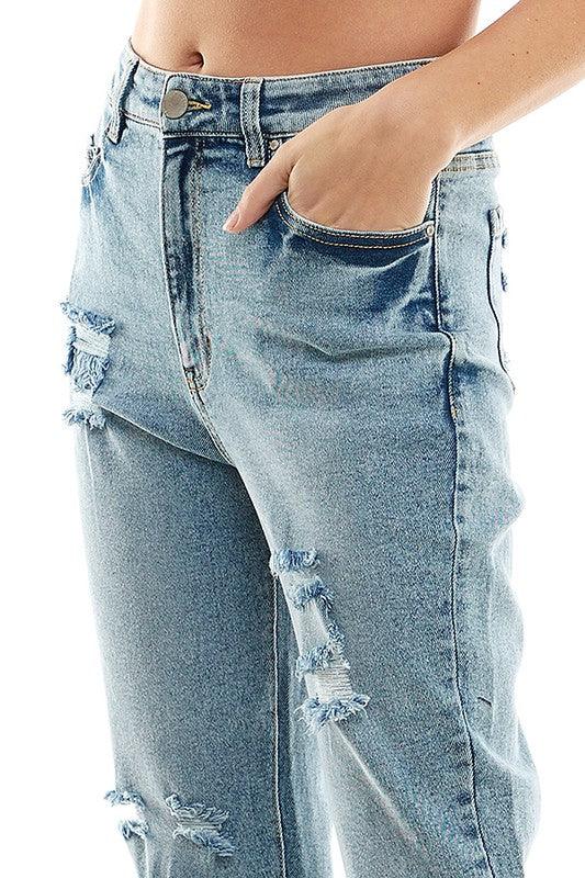 Roll-Up Distressed High-Rise Mom Jeans - Studio 653
