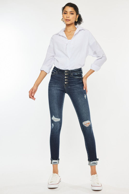 Kan Can High Rise Button Down Cuffed Ankle Skinny Jeans