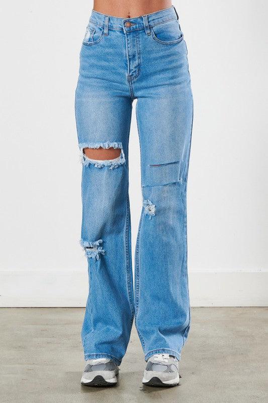 High-Rise Distressed Wide Leg Jeans - Studio 653