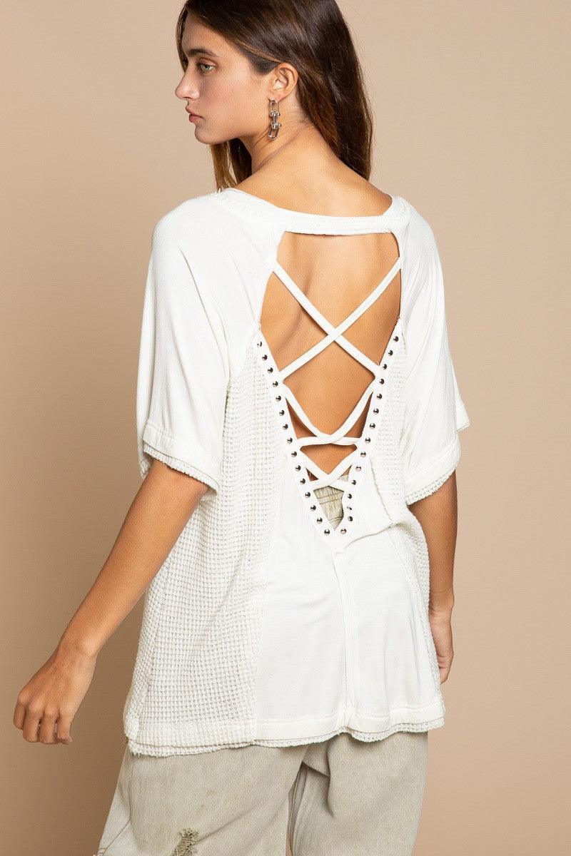 Studded Strappy Back Waffle Mixed Knit Top - Studio 653
