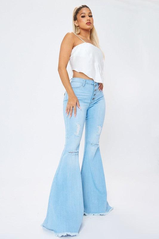 High-Rise Distressed Flare Jeans - Studio 653