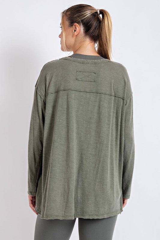 Mineral Washed Round Neckline Long Sleeve Top - Studio 653