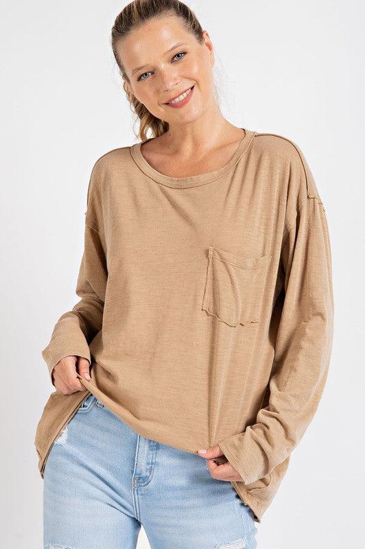 Mineral Washed Round Neckline Long Sleeve Top - Studio 653