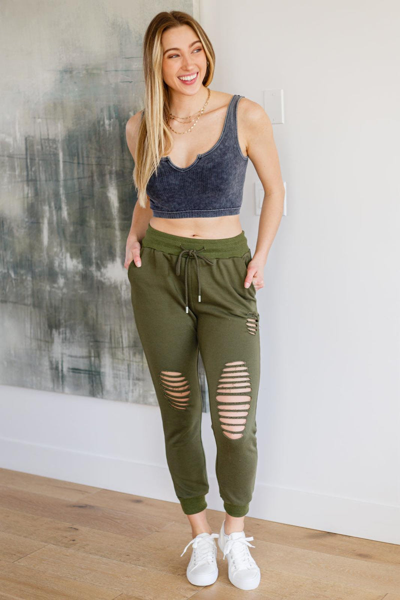 Distressed Joggers in Olive - Studio 653