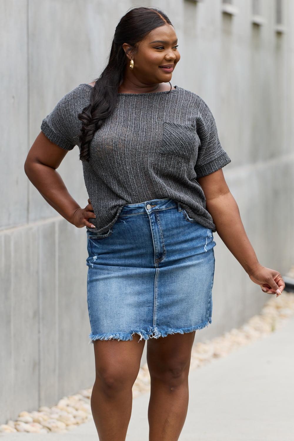 Chunky Knit Short Sleeve Top in Gray - Studio 653