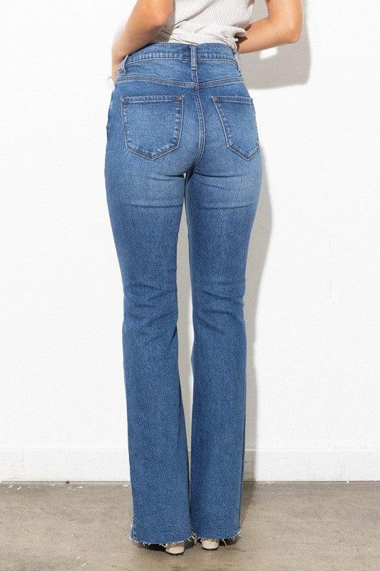 Button Fly High-Waisted Distressed Bootcut Jean - Studio 653