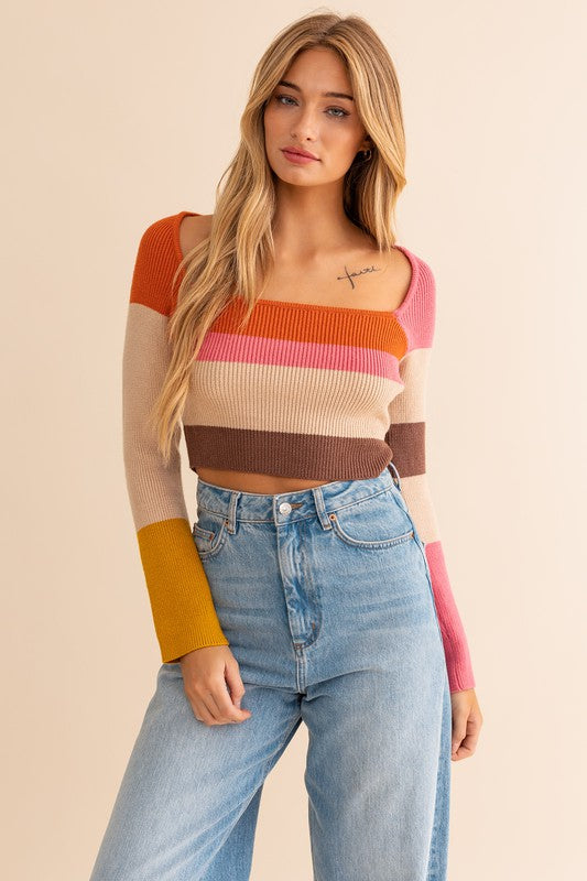 Long Sleeve Cropped Color Block Stripe Knit Top