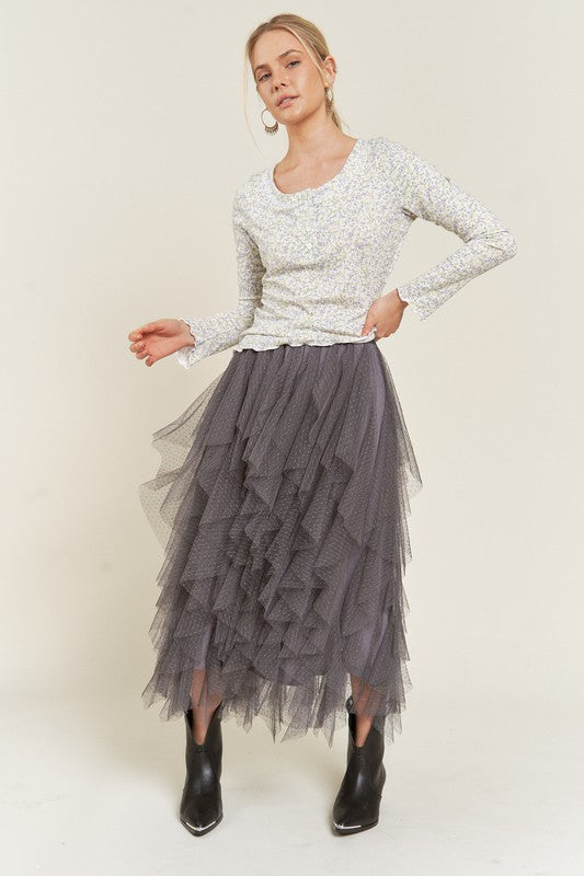 Jade By Jane Layered Polka Dot Mesh Lined A-line Midi Skirt