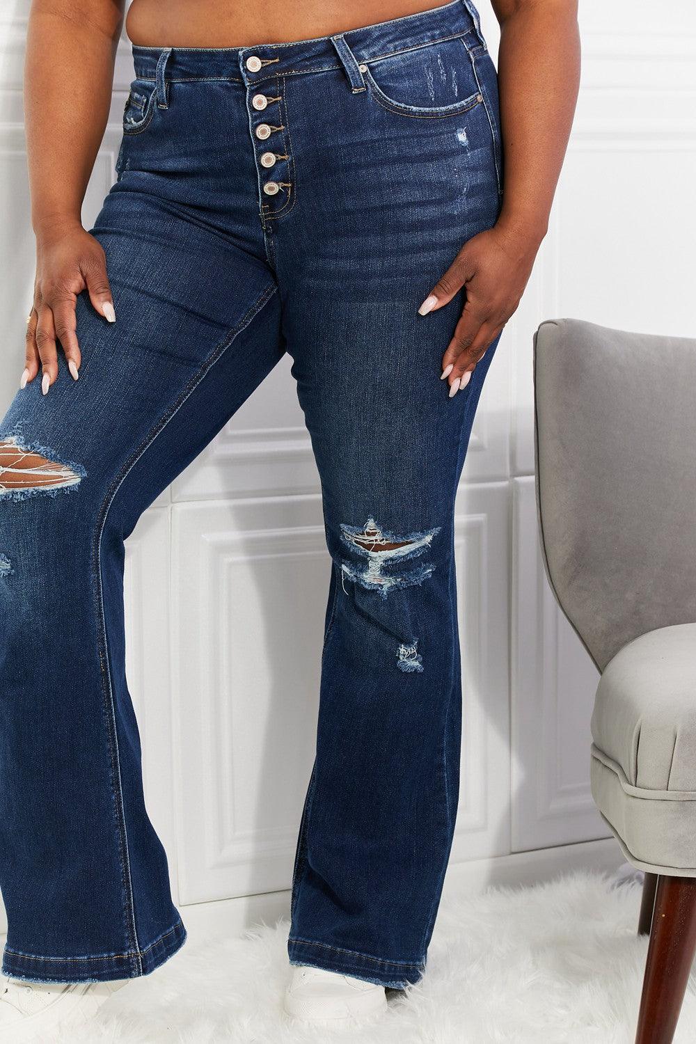 Reese Mid-Rise Button Fly Flare Jeans - Studio 653