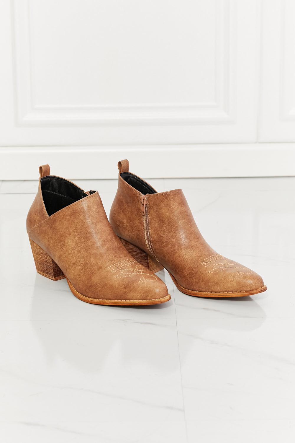 Trust Yourself Embroidered Crossover Cowboy Bootie in Caramel - Studio 653